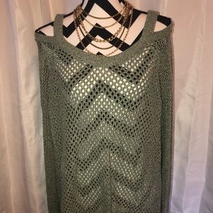 Sage green cold shoulder open knit